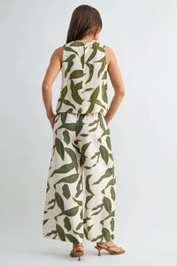 Leaf print elastic waist wide-leg pants set in cream with olive leaves