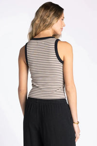 Thread and supply evie basic tank sleeveless top with thin black and beige stripes ribbed neckline and armholes