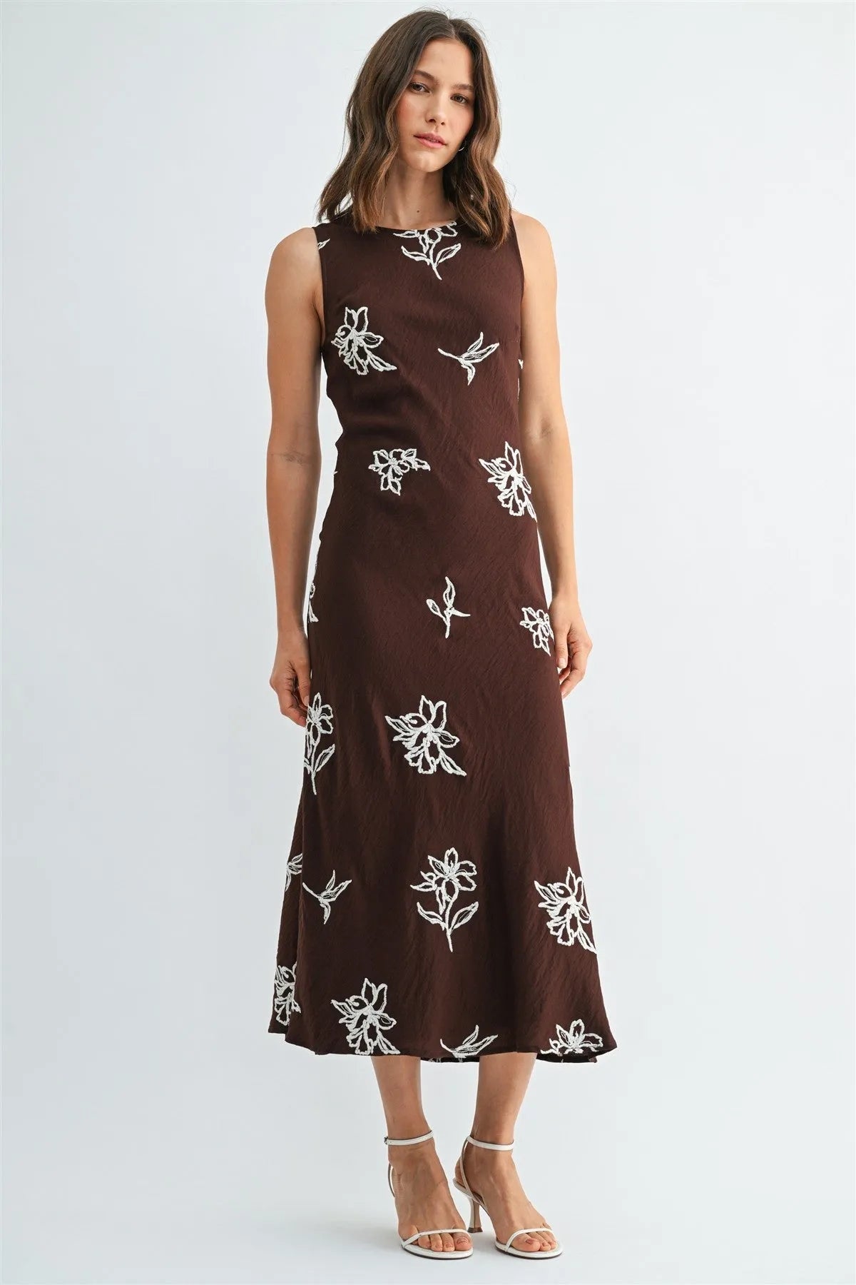 Brown sleeveless midi dress with white embroidered floral and bird motifs embroidery sleeveless midi style