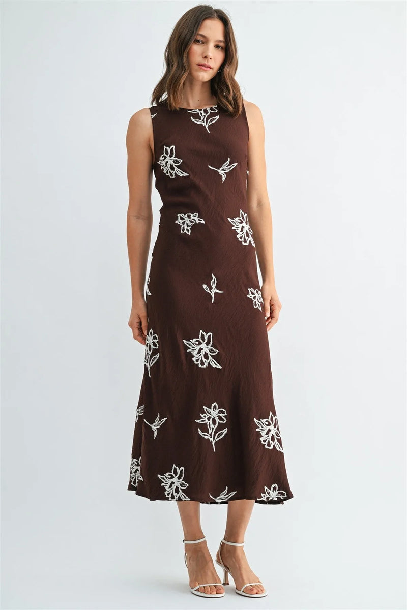 Brown sleeveless midi dress with white embroidered floral and bird motifs embroidery sleeveless midi style