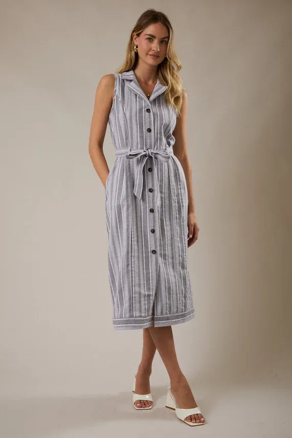 V neck cap sleeve midi dress in light blue and white stripes with a waist tie belt and button front closure
