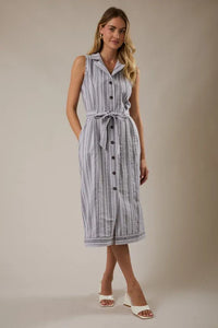 V neck cap sleeve midi dress in light blue and white stripes with a waist tie belt and button front closure