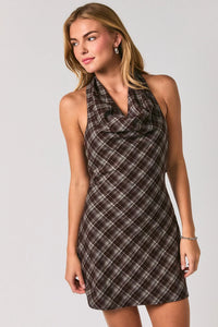 Halter neck open back plaid mini dress in dark brown and white featuring a sleeveless halter neck and cowl neckline