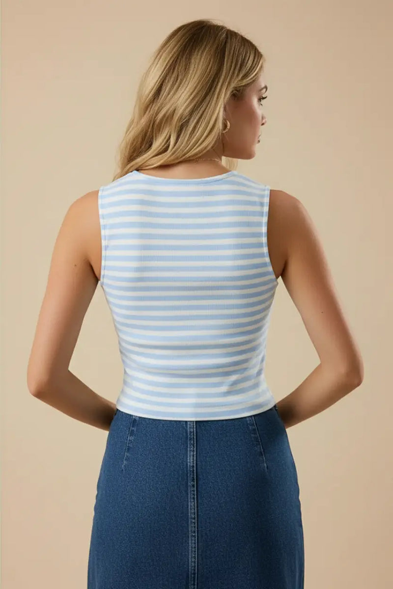 Sleeveless round neck striped tank top in light blue and white stripes