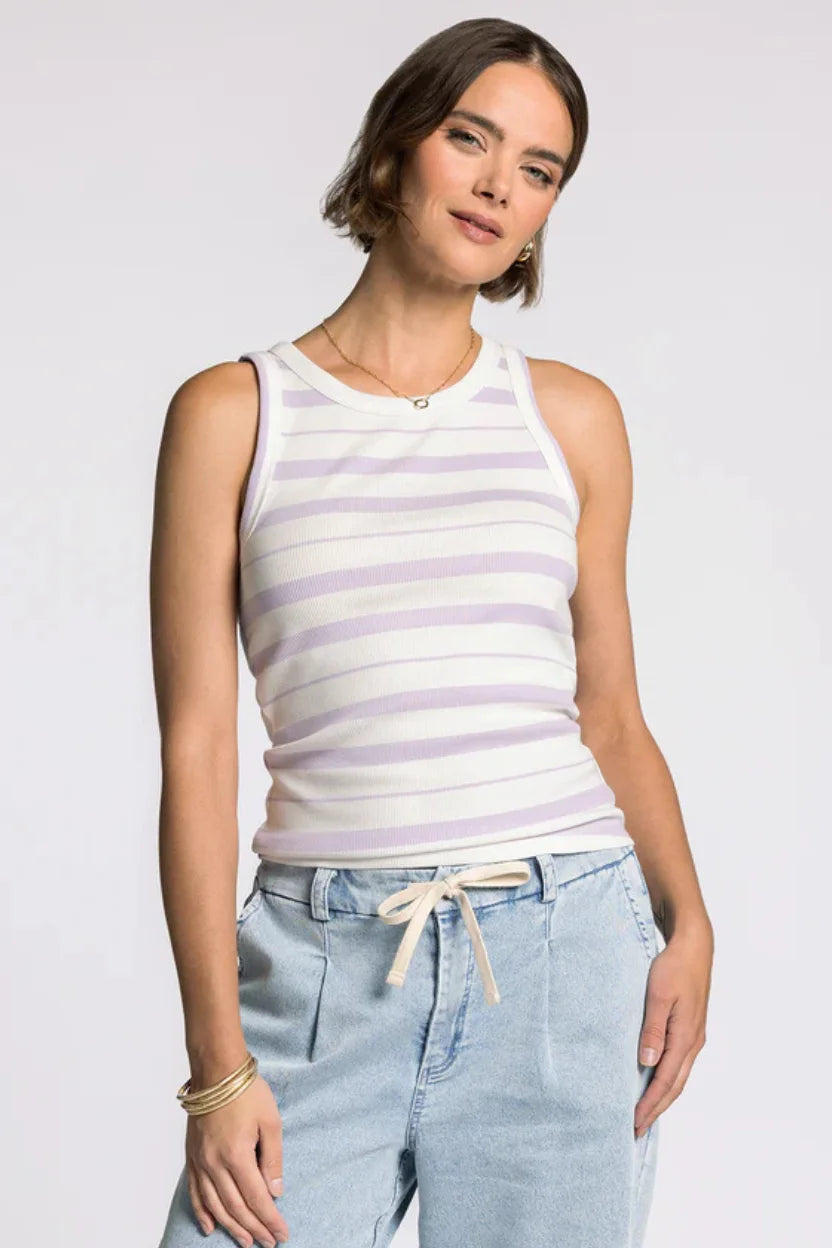 Edlin Basic Tank sleeveless top in white and lavender ribbed knit stripes