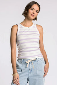 Edlin Basic Tank sleeveless top in white and lavender ribbed knit stripes