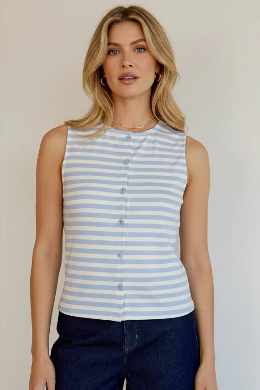 Sleeveless round neck striped tank top in light blue and white stripes
