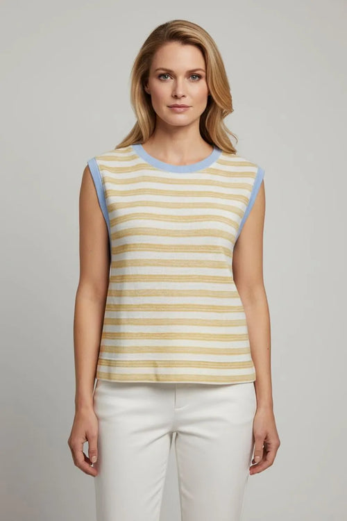 A sleeveless textured two tone stripe muscle top in cream and pale yellow with light blue trim along neckline and armholes