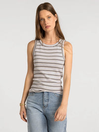 Thread and Supply Edlin basic tank sleeveless top with white and dark gray horizontal stripes and thin shoulder straps