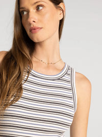Thread and Supply Edlin basic tank sleeveless top with black white and gray blue horizontal stripes for casual wear