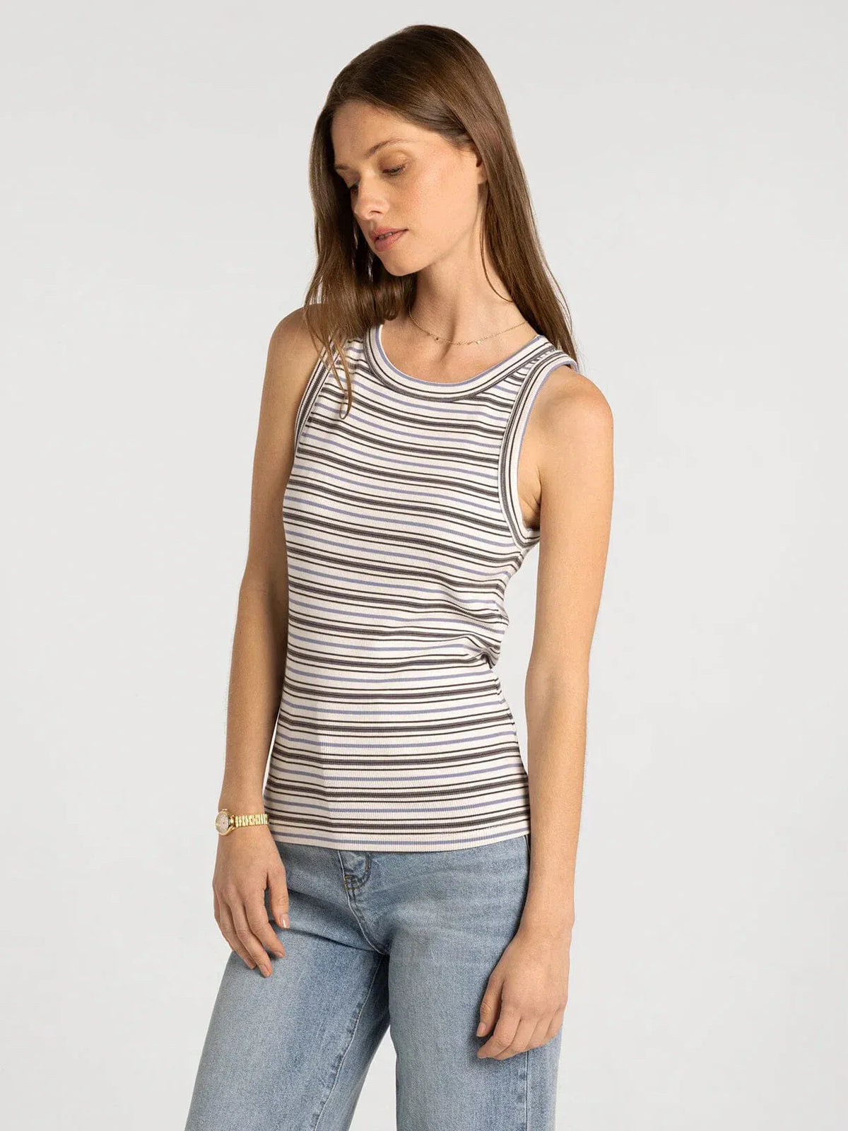 A sleeveless edlin basic tank with horizontal stripes in white gray and black for casual wear