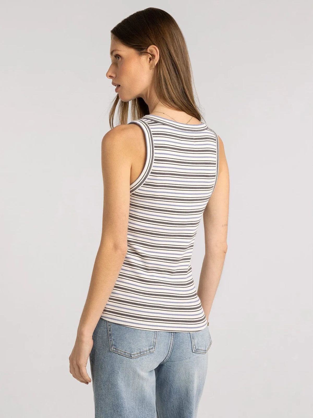 Sleeveless edlin basic tank with white and dark gray horizontal stripes made of a soft cotton blend