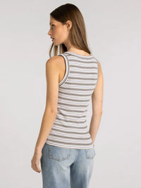 Sleeveless edlin basic tank with white and dark gray horizontal stripes made of a soft cotton blend