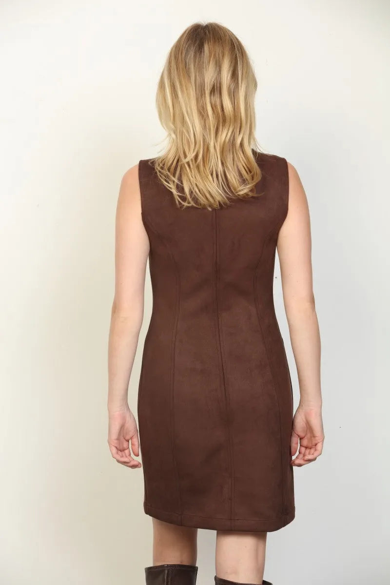 Brown suede sleeveless mini dress with knee-length fitted silhouette and subtle vertical seam detailing