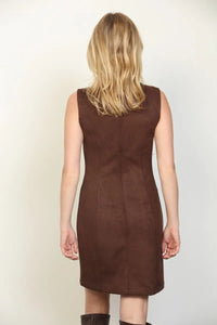 Brown suede sleeveless mini dress with knee-length fitted silhouette and subtle vertical seam detailing