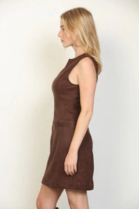 Brown suede sleeveless mini dress with fitted silhouette knee-length and subtle front pockets sleeveless mini dress