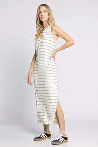 Ribbed striped slit midi dress in white with gray stripes