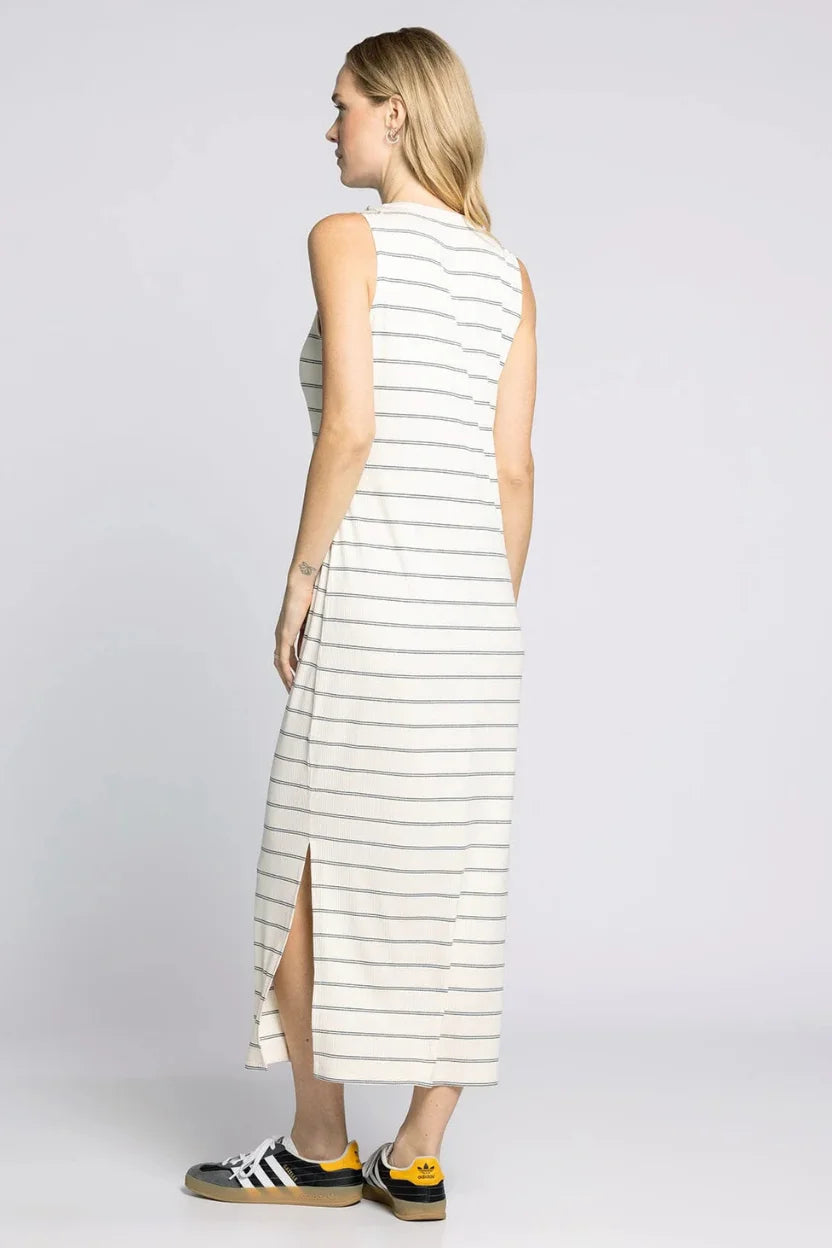 Ribbed striped slit midi dress in white with black stripes