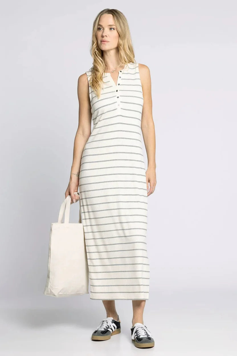 Ribbed striped slit midi dress in white with gray stripes