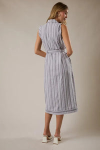 A sleeveless knee-length gray and white striped dress with a waist tie belt and matching tie belt detail