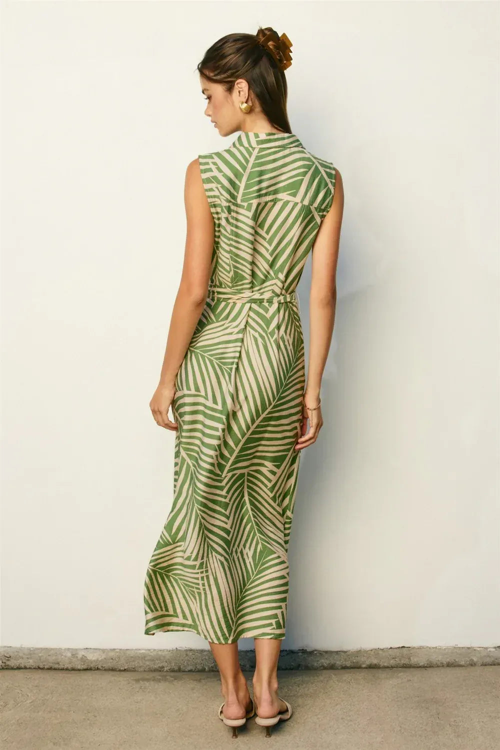 Wild tides shirt dress sleeveless knee-length in vibrant green and cream tropical leaf pattern with fitted waistband