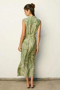 Wild tides shirt dress sleeveless knee-length in vibrant green and cream tropical leaf pattern with fitted waistband