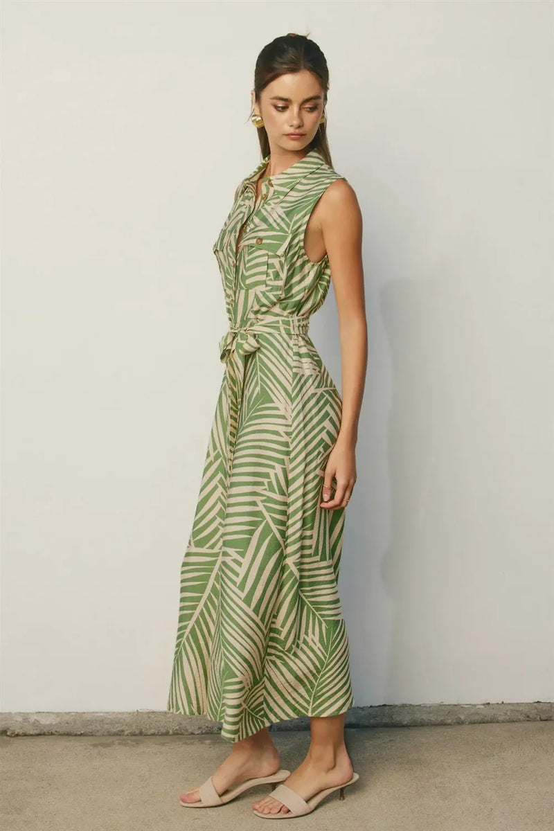Wild tides shirt dress sleeveless knee-length vibrant green cream tropical leaf print with belted waist