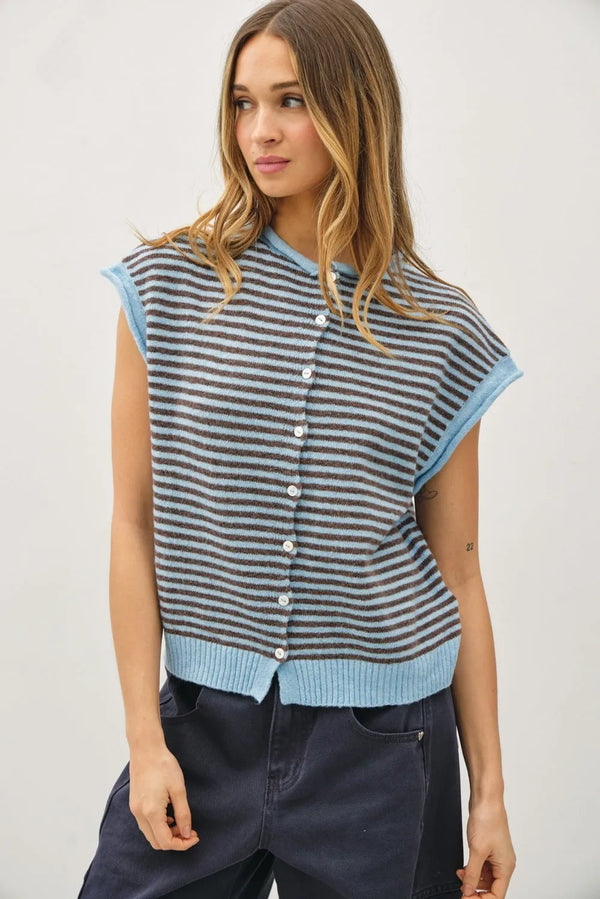 A sleeveless knit mini striped piper button top with horizontal dark gray and light blue stripes and ribbed cuffs