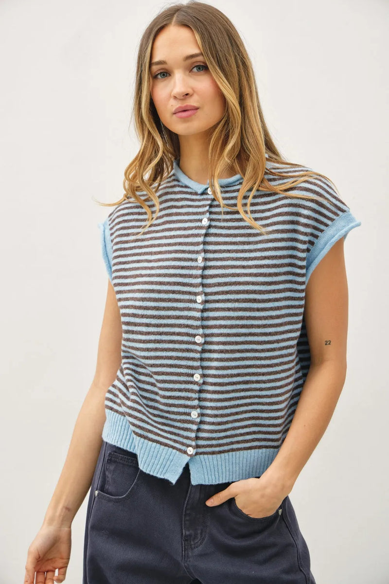 A sleeveless mini striped piper knit top with button-front closure and ribbed cuffs in gray and light blue shades
