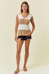 Sleeveless knit scoop neck top with beige and white horizontal stripes featuring side slit for women’s boho chic clothing