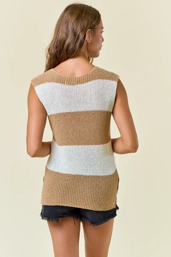 Scoop neck sleeveless knit top with tan and off-white slit striped ribbed texture in women’s boho chic clothing style
