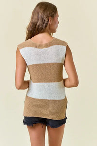 Scoop neck sleeveless knit top with tan and off-white slit striped ribbed texture in women’s boho chic clothing style