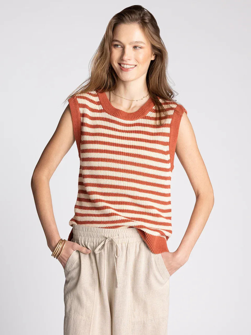 Sleeveless knitted supply orta top in terracotta and cream stripes with ribbed neckline and hem for women’s boho chic clothing