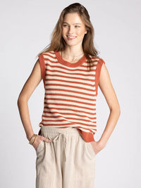 Sleeveless knitted supply orta top in terracotta and cream stripes with ribbed neckline and hem for women’s boho chic clothing