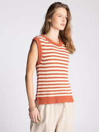 Sleeveless knitted supply orta top with orange and cream stripes ribbed neckline and hem from shop daisy women’s boho chic clothing