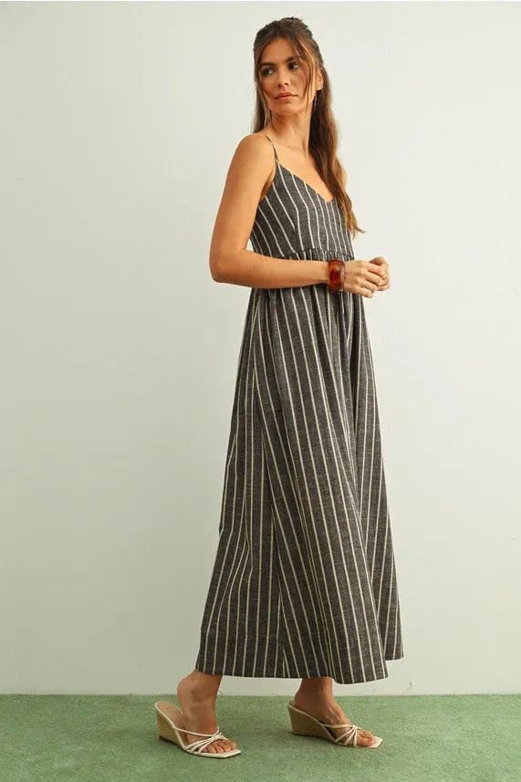 A flowing sleeveless maxi dress with stripe pattern smocked back in dark gray and white vertical stripes and thin straps