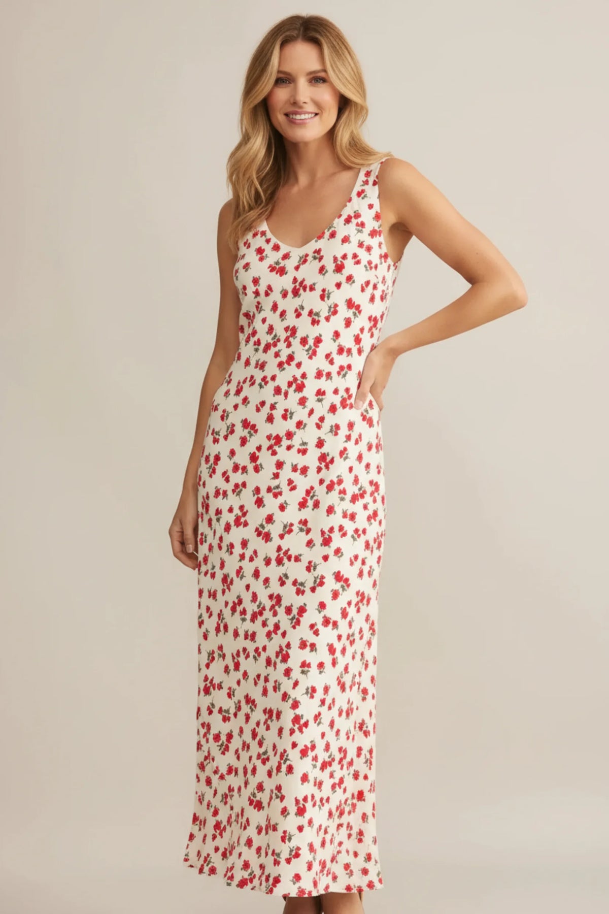 V neck floral midi dress in cream with red patterns