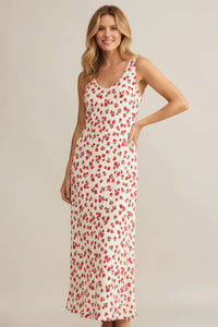 V neck floral midi dress in cream with red patterns
