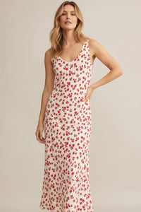 V neck floral midi dress in cream with red cherry blossoms