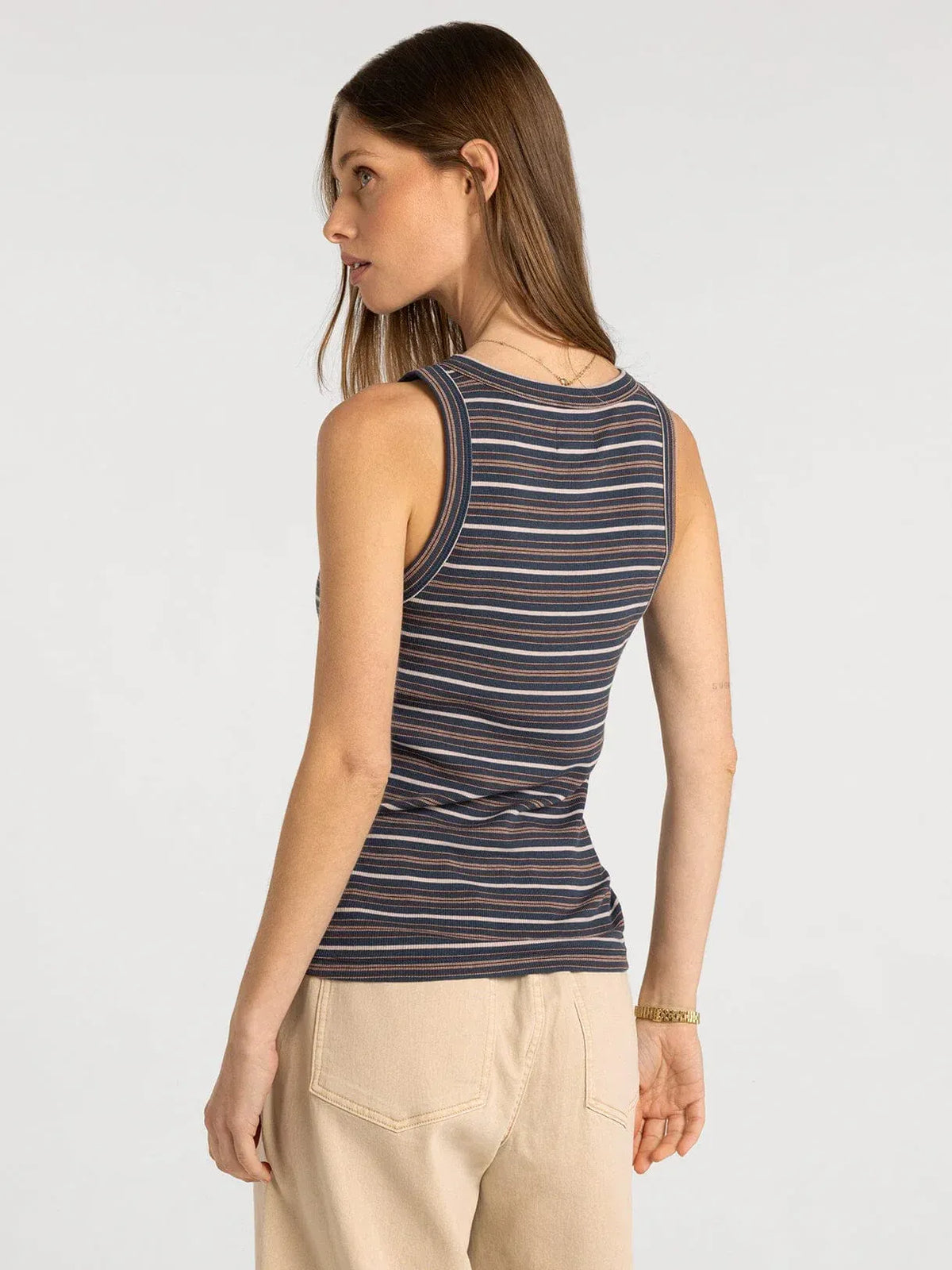 Thread and Supply Edlin basic tank sleeveless with navy beige and brown horizontal stripes in soft breathable fabric