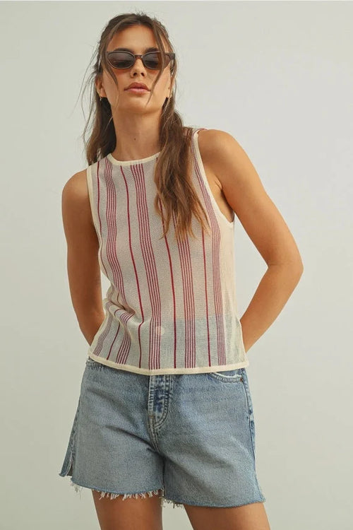 Stripe paneled light weight knit top with red and cream vertical stripes