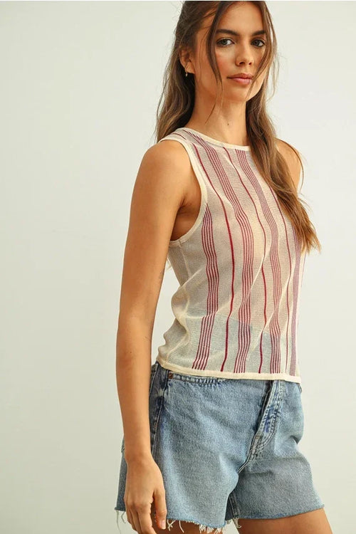 Stripe paneled light weight knit top with red cream stripes