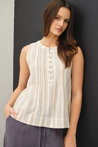 Striped gauze woven sleeveless top with vertical stripes in beige cream and peach featuring button-down front and pleats