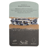 Natural gemstone stone wrap bracelet and necklace convertible set with layered sodalite beads in blue white and gray tones