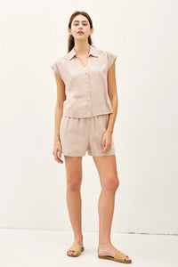 A soft beige linen blend striped sleeveless top with collar and button front for casual wear