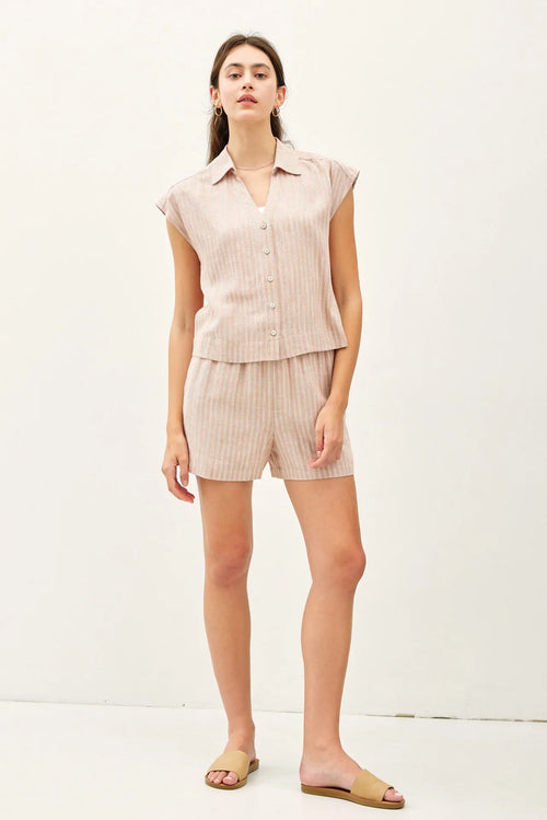 A soft beige linen blend striped sleeveless top with collar and button front for casual wear