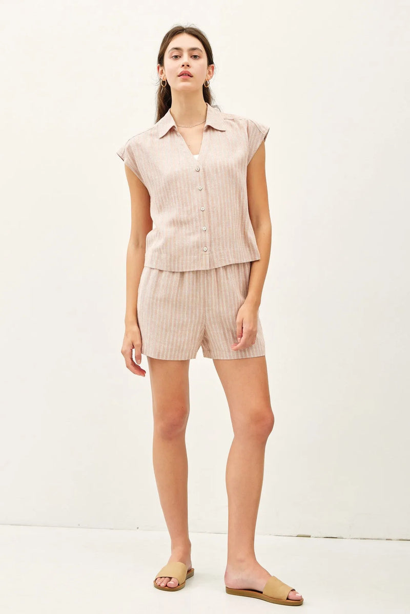 A soft beige linen blend striped sleeveless top with collar and button front for casual wear