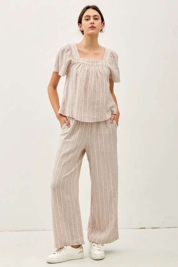 Flowy boxy gauze striped top in beige and white linen stripes