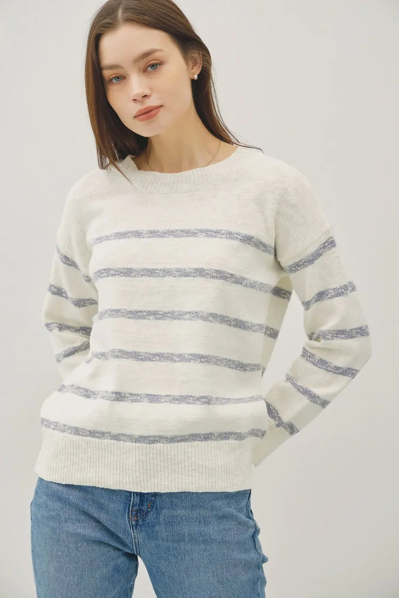 Heather striped long sleeve sweater in cream with gray stripes