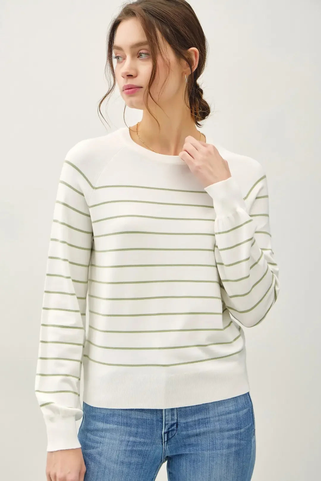 Lightweight striped long sleeve sweater in cream with sage green stripes
